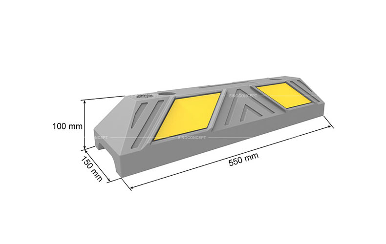 3D drawing of a rubber parking curb showing dimensions of 550mm type, with yellow reflective glass bead reflective tapes