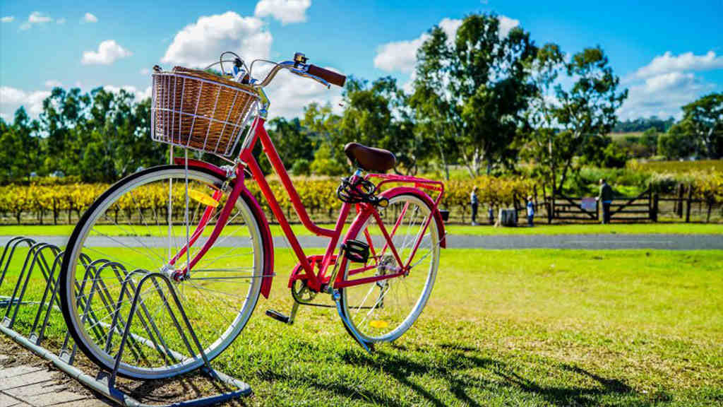 A red bicycle is placed on a bicycle rack installed beside the grass.