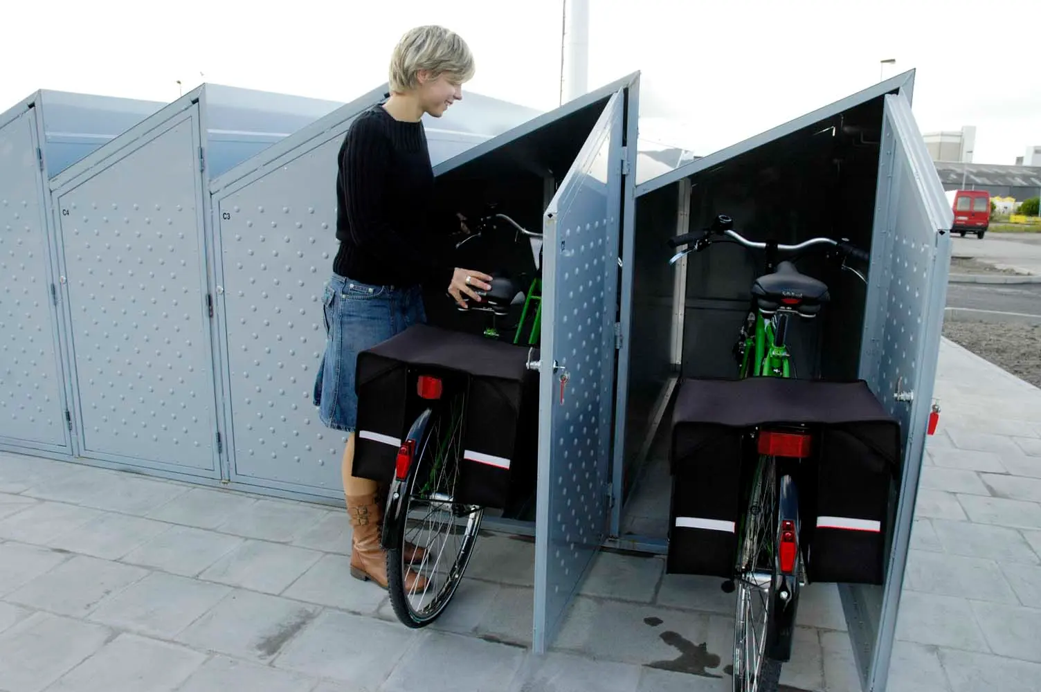Bike lockers used to store bicycles for an extended period.