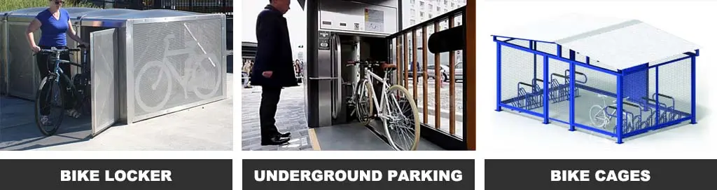 Various bike parking solutions, including a bike locker, underground parking, and bike cages.
