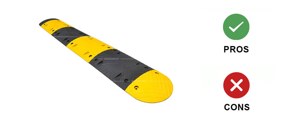 A black and yellow rubber speed bump used to reduce speed.