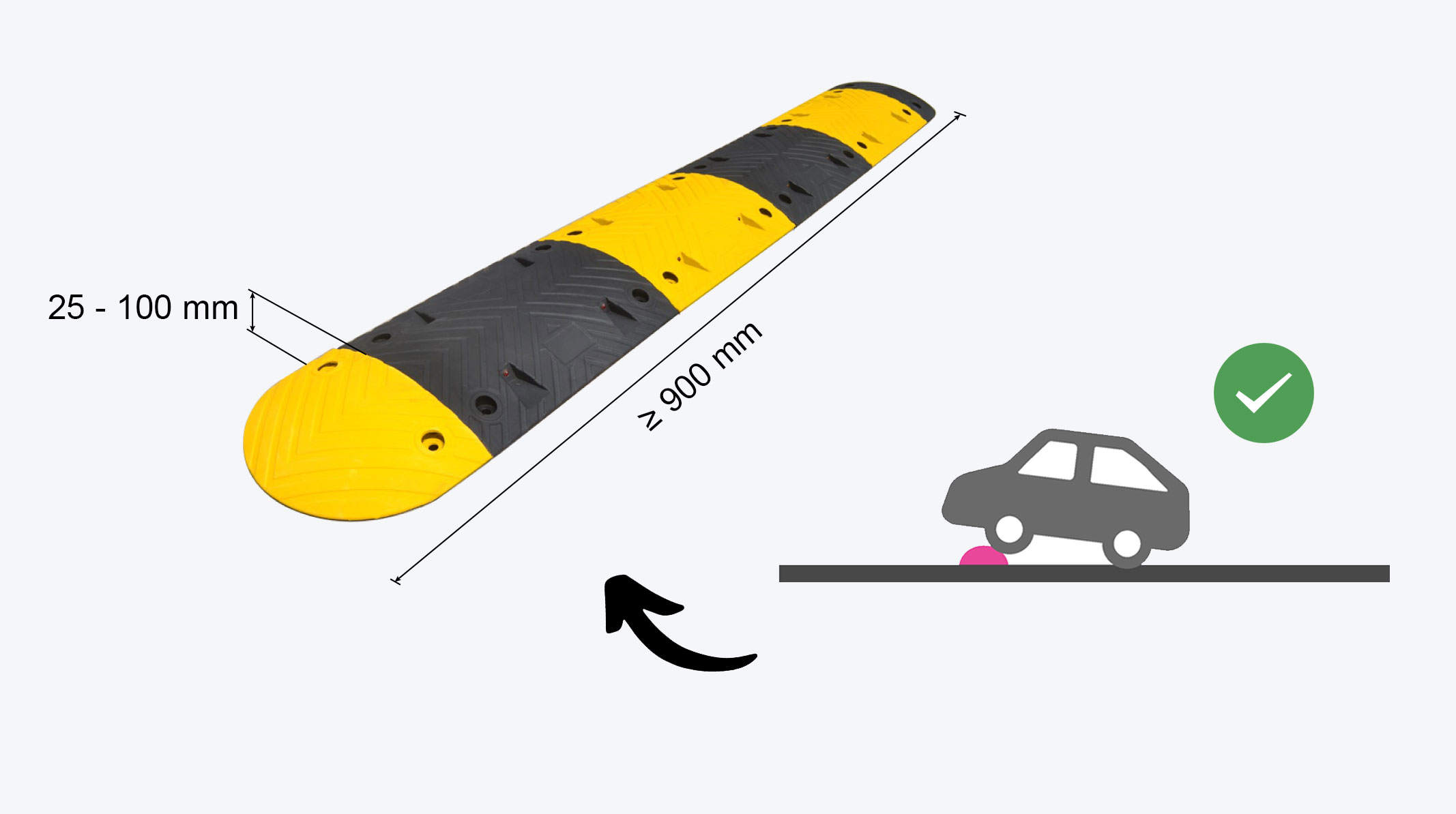A black and yellow speed bump made of vulcanised rubber.