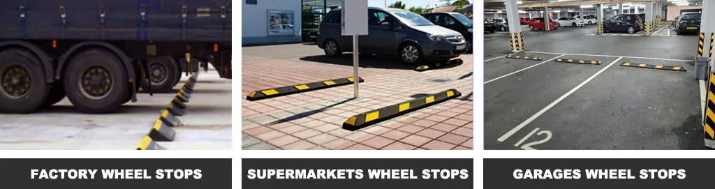 Black and yellow truck wheel stops and car wheel stops used to manage car parking.