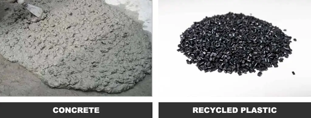 Concrete and recycled plastic raw material.