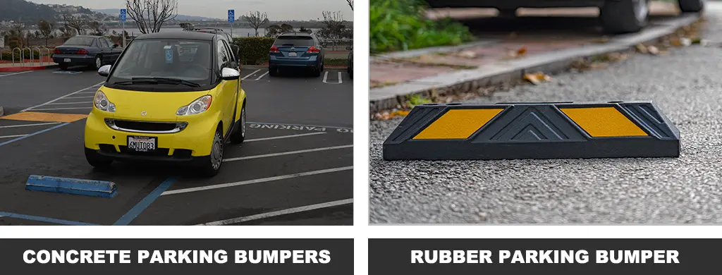 Concrete parking bumpers and a black rubber parking bumper with yellow reflective films.