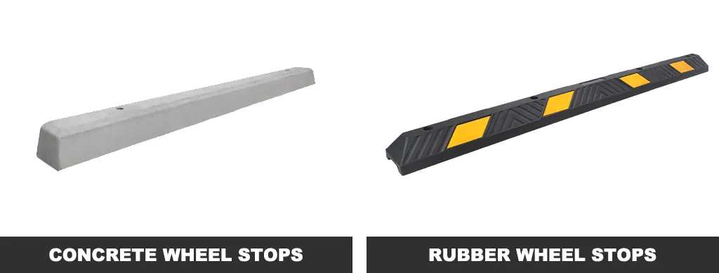 A concrete wheel stop, and a black rubber wheel stop with yellow reflective films.