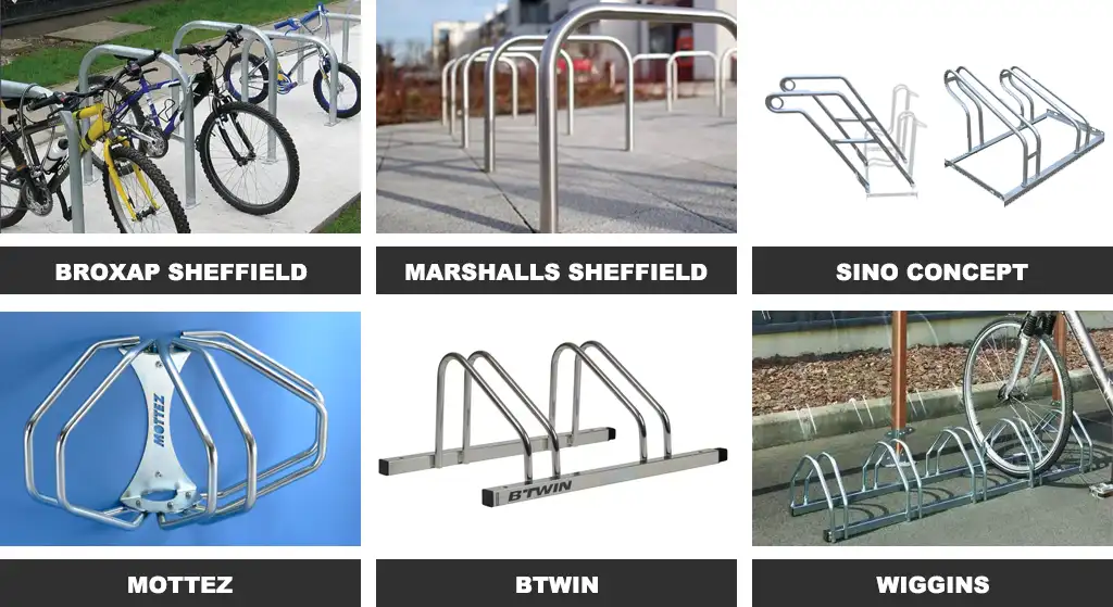 Broxap Sheffield cycle stands, Marshalls Sheffield bike stands, Sino Concept floor cycle racks, Mottez bike rack, Btwin bike rack, and Wiggins cycle rack.