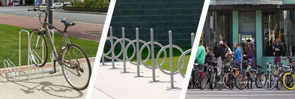 Floor-mounted cycle stands, and post and ring bike racks.