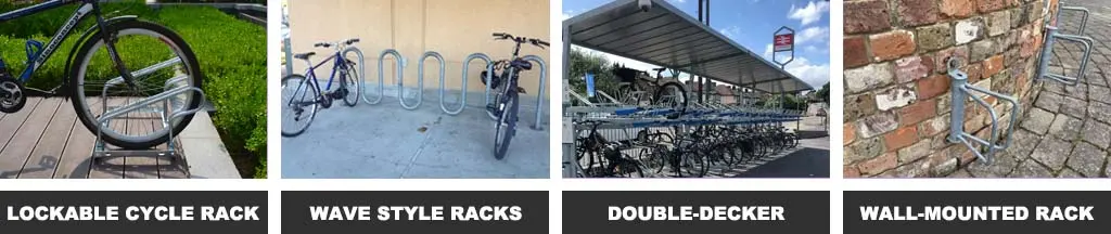 Lockable cycle rack, wave style racks, double-decker bike racks, and wall-mounted bike racks.