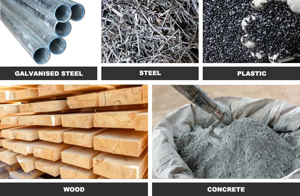 Different raw material including galvanised steel, steel, plastic, wood and concrete.