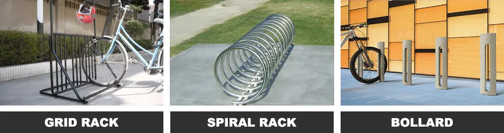 A black grid-style cycle rack, a steel spiral rack, and some bollard style bike racks used for bike parking.