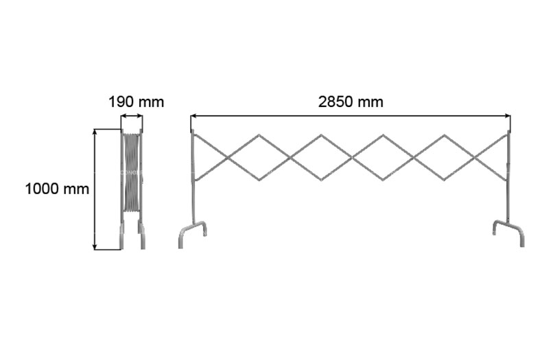 Drawings of steel expanding barriers showing dimensions including the maximum length, minimum length and height.