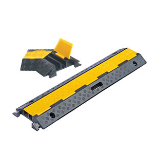 2 channels cable ramps, also called floor cable protectors, made of vulcanized rubber with yellow PE covers used for floor cable management.