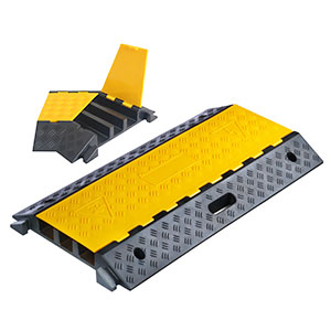 Three channels cable ramp main part and angle part, made of black rubber with yellow plastic lids used for floor cable management.