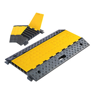 5 channels cable ramp made of black recycled rubber with yellow PE covers used for floor cable management.