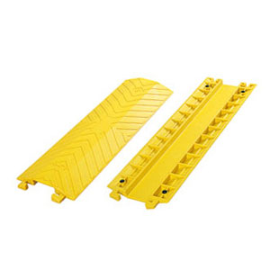 Large-size yellow drop-over cable protectors made of polyurethane, also called drop-over cable protectors used to protect cables.