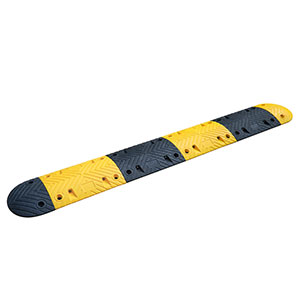 Traffic rubber speed bump of 5cm height made of yellow and black vulcanized rubber for traffic calming purposes.