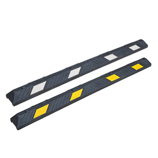 Black wheel stops 1830 mm made of Plastic-Rubber composite with yellow or white reflective films.