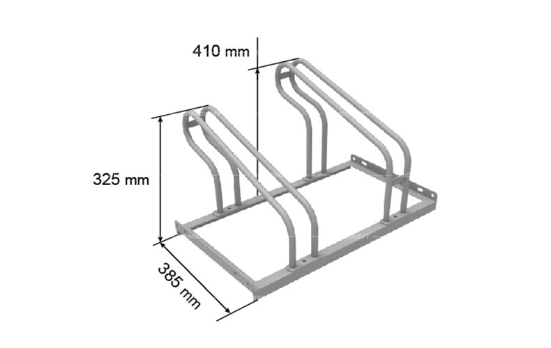 Drawings of floor bike racks of 2000-type showing dimensions including the hights and base width.