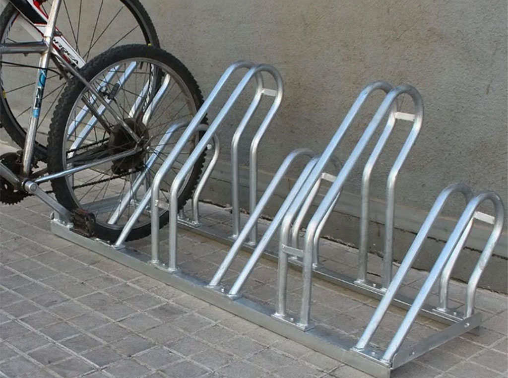 A floor bike rack for outdoor bike parking.