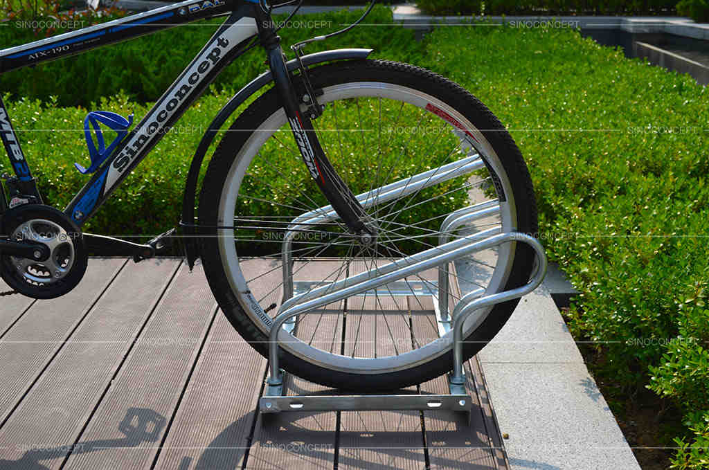 Floor mounted bike rack with strong hot-dip galvanized construction used for outdoor cycle parking.
