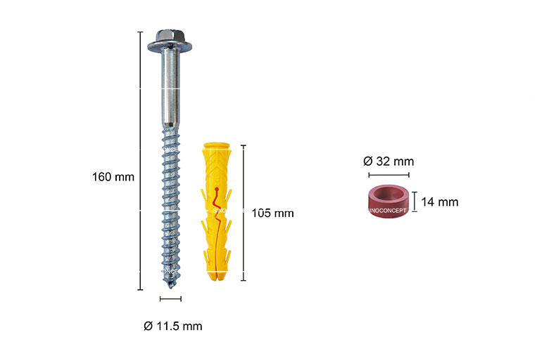 A flange bolt with a diameter of 11.5mm and a height of 160mm, paired with a yellow plastic anchor that is 105mm in height. There is also a red cap with a diameter of 32mm and a height of 14mm.