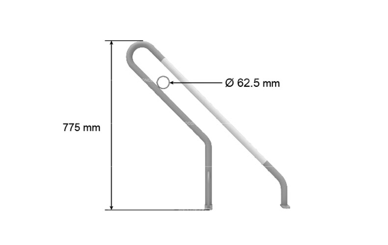 Drawings of a single part of cycle racks showing the dimensions of its height and diameter of the circle for locking.