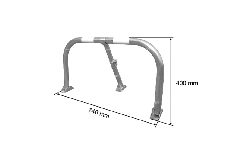 Drawings of a steel lockable parking barrier showing dimensions including the length and height.