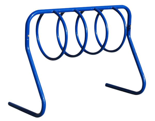 A blue loop style cycle rack for bike parking.