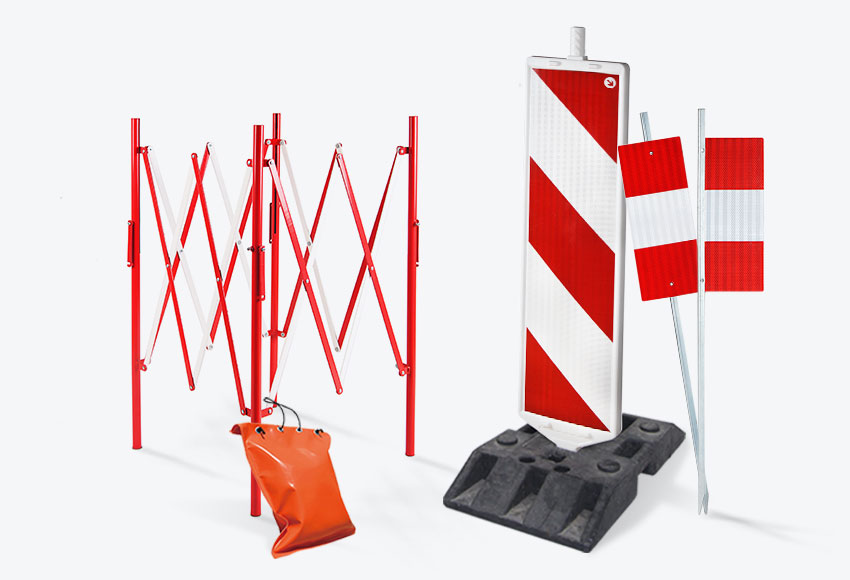 Steel red & white manhole safety barrier, HDPE roadworks beacons, steel reflective post and PVC sandbags for traffic control