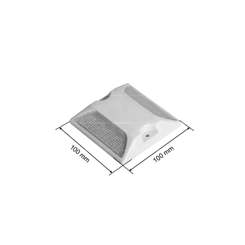 Drawings of a plastic road stud showing dimensions including the length, width and height.