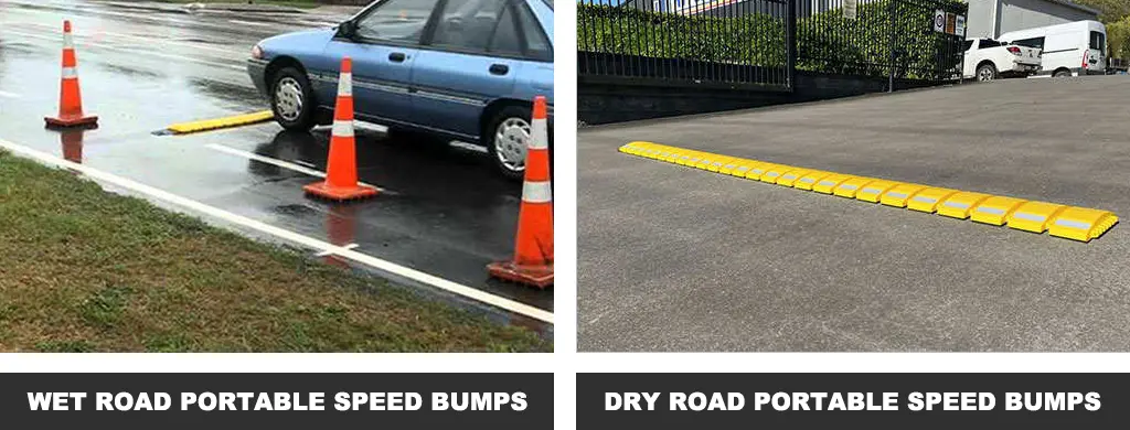 Yellow portable speed bumps on the wet road and dry road.