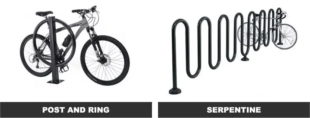 Black post and ring bike stand and black serpentine bike rack.