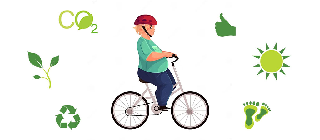 A person is riding a bike, which is good for health and environment.