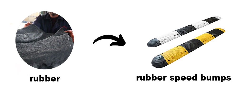 Black rubber raw material and two rubber speed bumps, one of black and yellow, one of black and white.