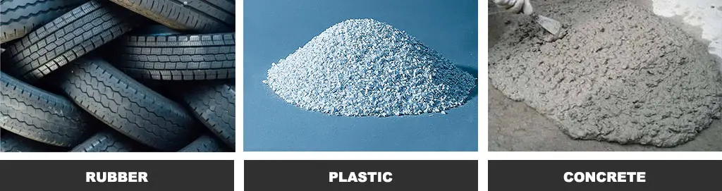 Rubber, plastic and concrete raw material.