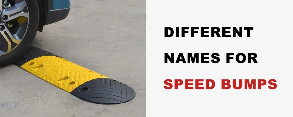 A black and yellow rubber speed bump to reduce speed.