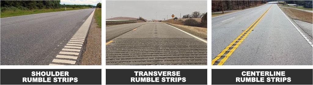 Rumble strips on the road to alert drivers when they move from their traffic lane.