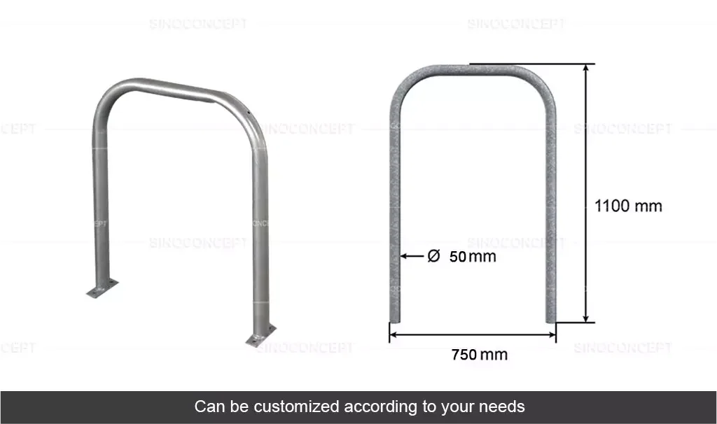 The Sheffield-style bicycle rack has a diameter of 50mm, a width of 750mm, and a height of 1100mm.