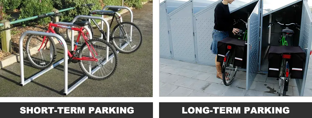 White Sheffield cycle racks, and bike lockers for outdoor parking.