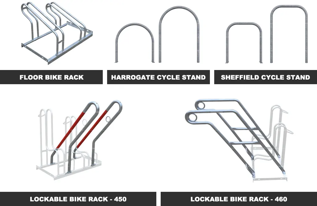 Floor bike rack, harrogate cycle stand, Sheffield cycle stand, lockable bike rack 450 and lockable bike rack 460 manufactured by Sino Concept.