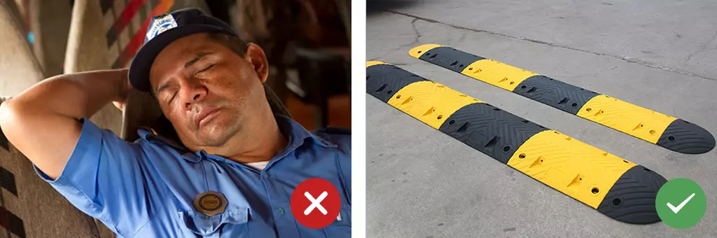 A sleeping policeman, and two black and yellow speed bumps used as traffic-calming measures.