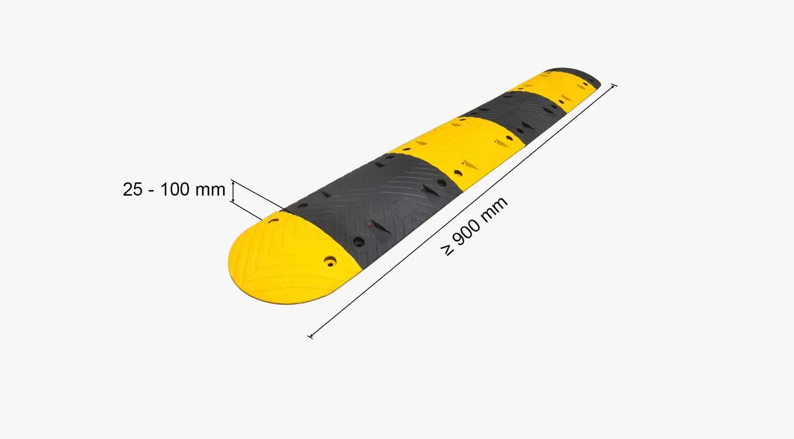 A black and yellow speed bump with a length of 900mm, height of 100mm.