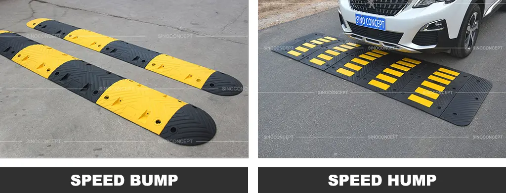 Two black and yellow speed bumps, and a black speed hump with yellow reflective films.