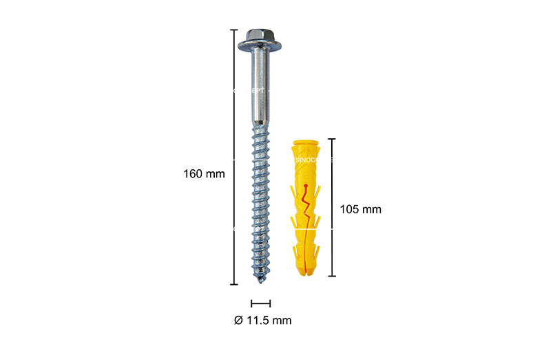 A flange bolt with a diameter of 11.5mm and a height of 160mm, paired with a yellow plastic anchor that is 105mm in height.