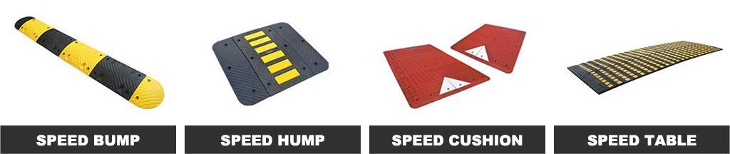 A black and yellow speed bump, a black speed hump with yellow reflective films, two red speed cushions and a black and yellow speed table.