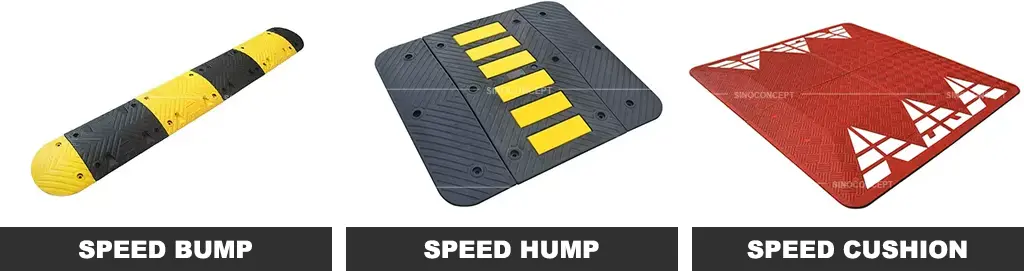 A black and yellow speed bump, a black speed hump with yellow reflective films, and a red speed cushion used as traffic-calming measures.