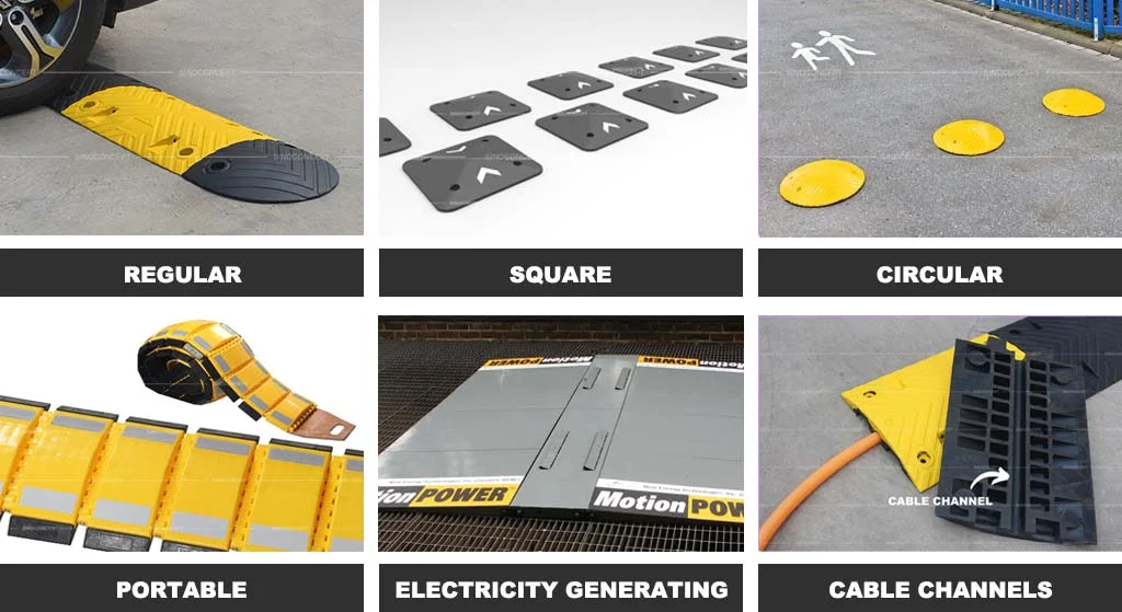 A black and yellow speed bump, some black square speed bumps with white markings, yellow circular speed bumps, portable speed bumps, electricity generating speed bumps, and a black and yellow speed bump with cable channels.