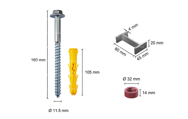 A flange bolt with a diameter of 11.5mm and a height of 160mm, paired with a yellow plastic anchor that is 105mm in height. There is also a red cap and an H connector.