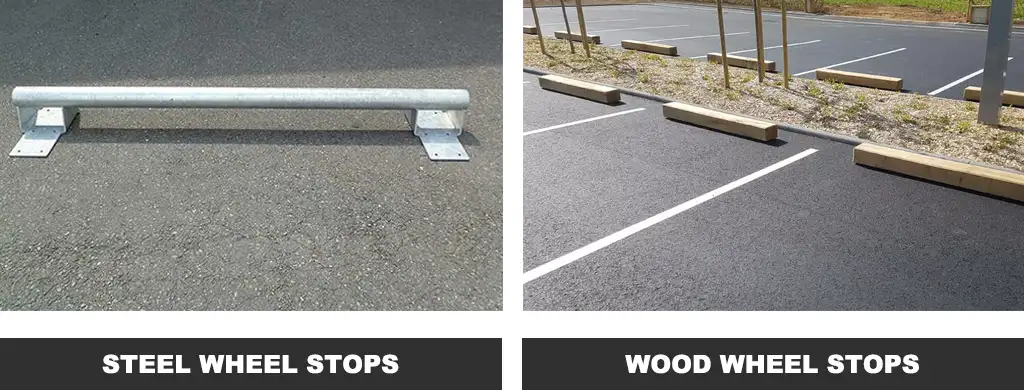 A steel wheel stop and wood wheel stops used for parking management.